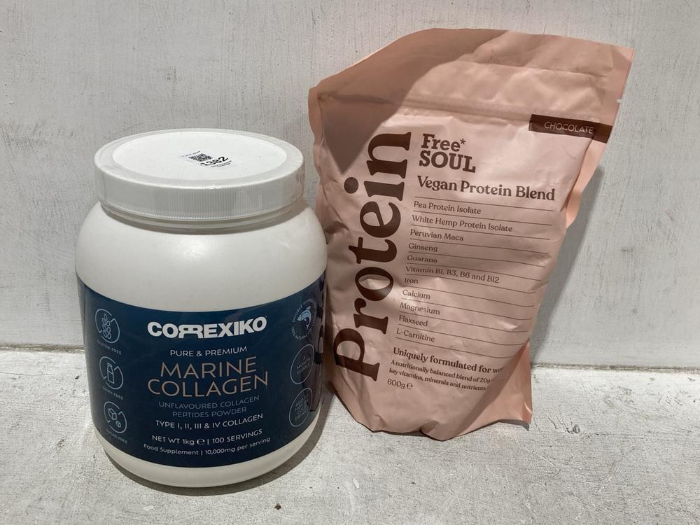 Lot 1382  
            Chesterfield SR44 - Parcel Delivery Only 

                
2 X ASSORTED ITEMS TO INCLUDE PROTEIN FREE SOUL VEGAN PROTEIN BLEND CHOCOLATE 600...