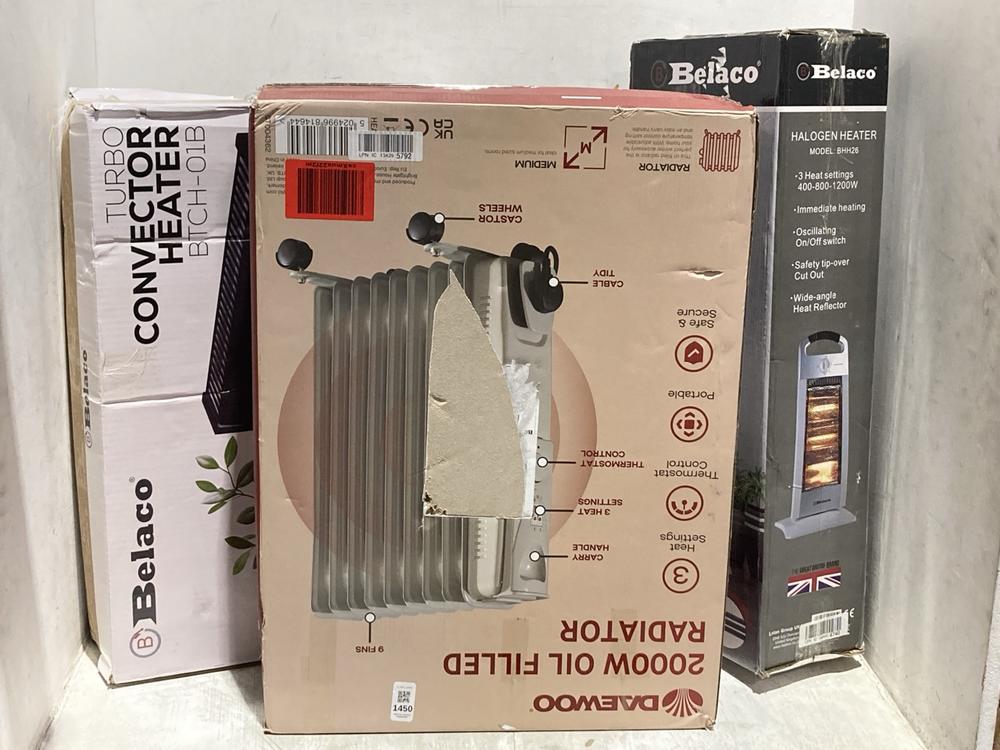 Lot 1450  
            Chesterfield SR44 - Parcel Delivery Only 

                
3 X ASSORTED ITEMS TO INCLUDE BELACO HALOGEN HEATER (LOCATION: B5)