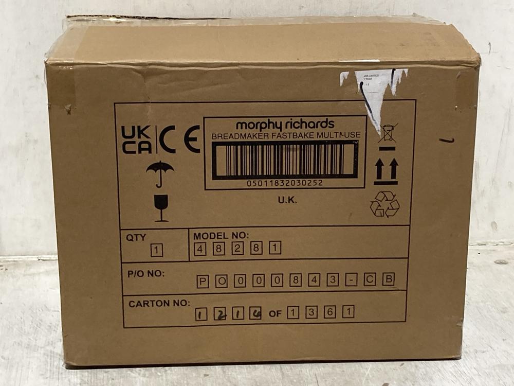 Lot 1491  
            Chesterfield SR44 - Parcel Delivery Only 

                
MORPHY RICHARDS MULTI USE FASTBAKE BREADMAKER (LOCATION: B7)