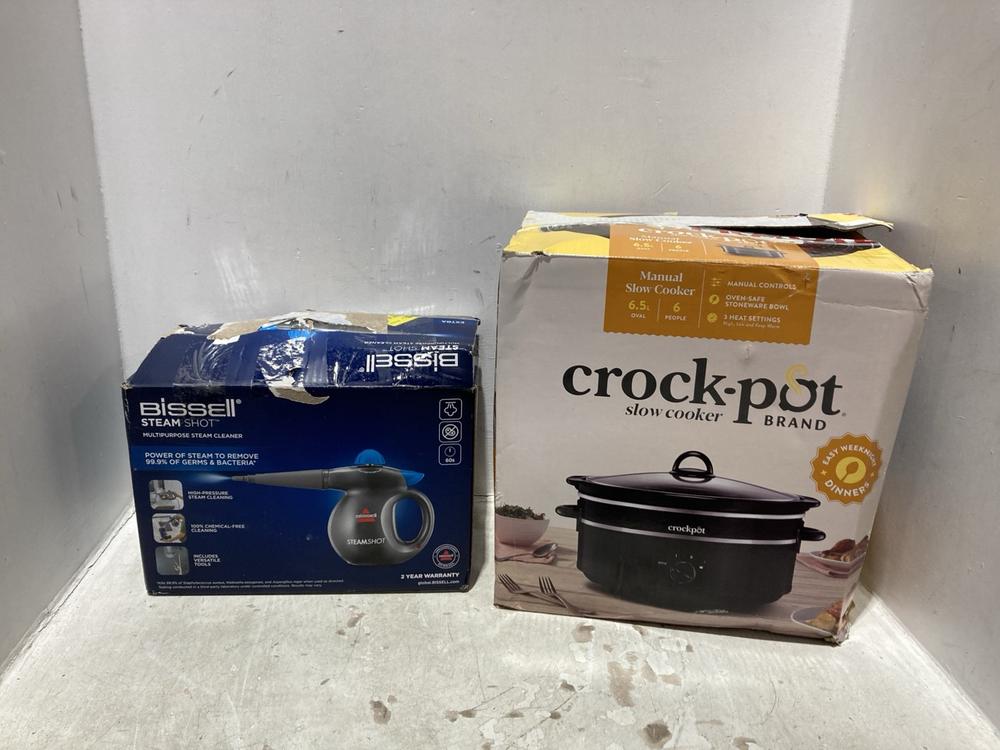 Lot 1522  
            Chesterfield SR44 - Parcel Delivery Only 

                
CROCKPOT SLOW COOKER TO INCLUDE BISSELL STEAM SHOT MULTI PURPOSE STEAM CLEANER (L...