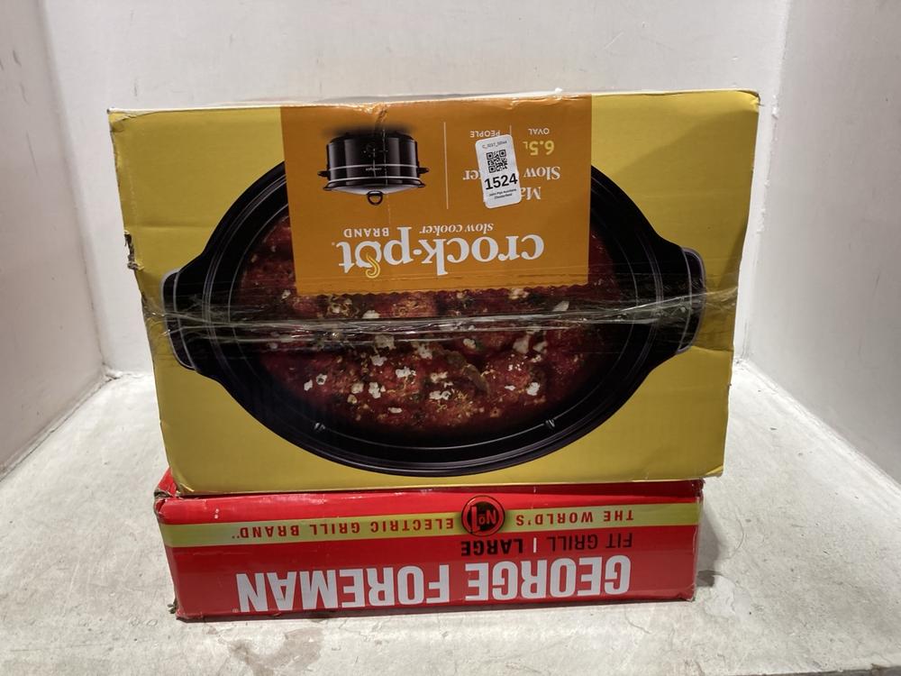 Lot 1524  
            Chesterfield SR44 - Parcel Delivery Only 

                
CROCK POT MANUAL SLOW COOKER TO INCLUDE GEORGE FOREMAN LARGE ELECTRIC GRILL (LOCA...