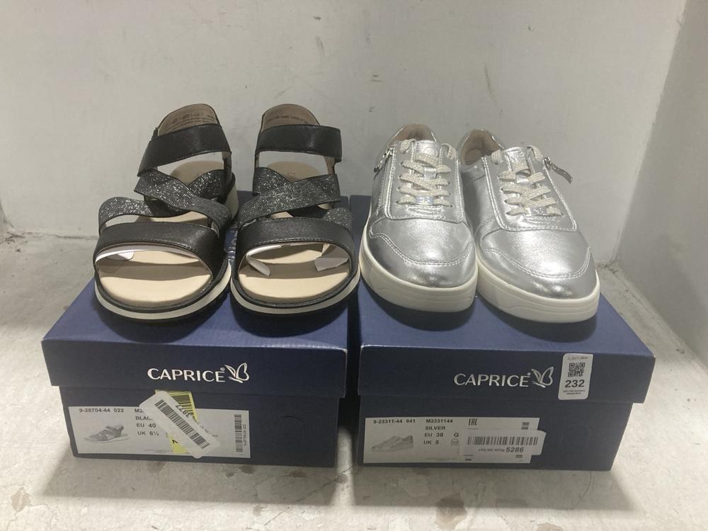 Lot 232  
            Chesterfield SR44 - Parcel Delivery Only 

                
CAPRICE SANDALS IN BLACK SIZE 6.5 TO INCLUDE CAPRICE SHOES IN SILVER SIZE 5 (LOCA...