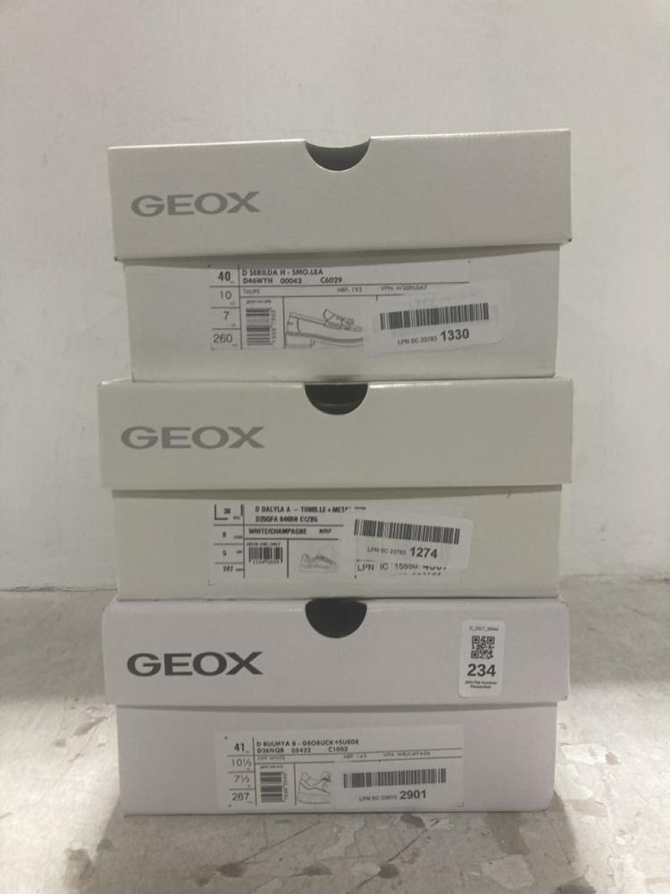 Lot 234  
            Chesterfield SR44 - Parcel Delivery Only 

                
3 X ASSORTED SHOES TO INCLUDE GEOX SERILDA SLIP-ON SIZE 7 (LOCATION: F1)