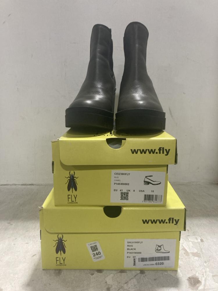 Lot 240  
            Chesterfield SR44 - Parcel Delivery Only 

                
3 X ASSORTED SHOES TO INCLUDE FLY LONDON CHELSEA BOOTS IN DARK OLIVE SIZE 6 (LOCA...