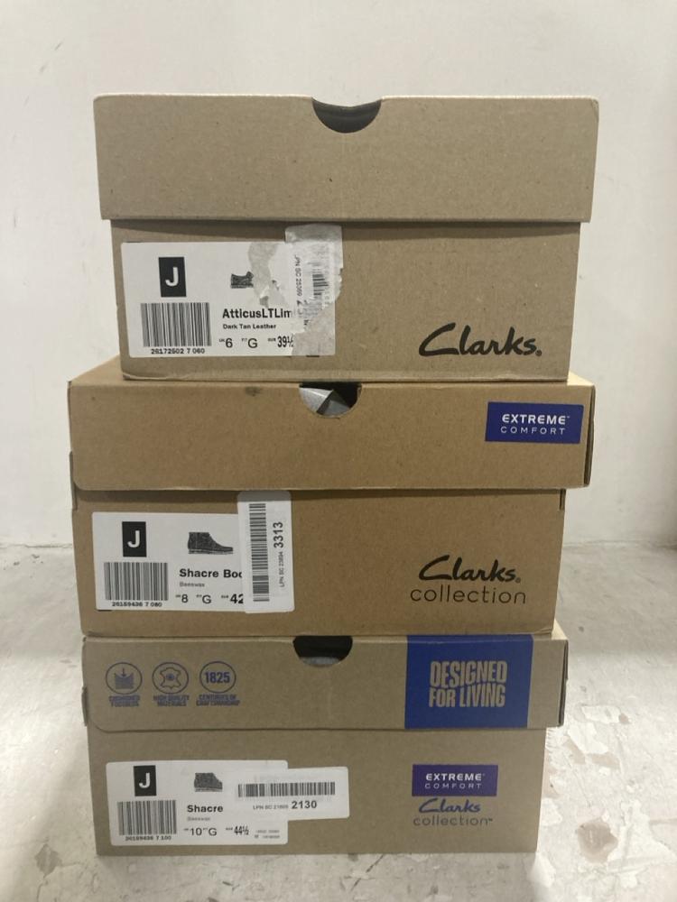 Lot 257  
            Chesterfield SR44 - Parcel Delivery Only 

                
3 X ASSORTED SHOES TO INCLUDE CLARKS ATTICUS ALTIMA SIZE 6 IN DARK TAN LEATHER (L...