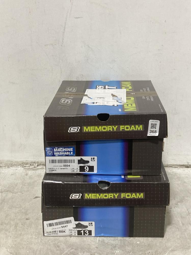 Lot 368  
            Chesterfield SR44 - Parcel Delivery Only 

                
SKECHERS SUMMITS IN BLACK SIZE 8 TO INCLUDE SKECHERS SYNTAC IN BLACK SIZE 12 (LOC...