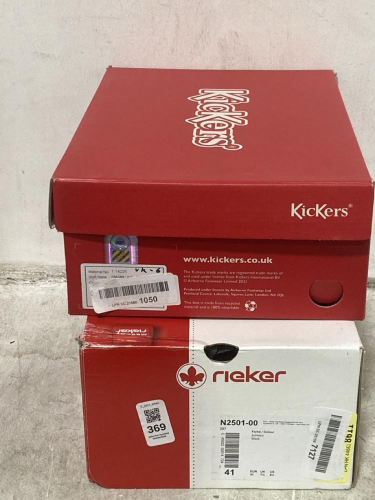 Lot 369  
            Chesterfield SR44 - Parcel Delivery Only 

                
KICKERS KIDS SHOES IN BLACK SIZE 6 TO INCLUDE RIEKER SHOES IN BLACK SIZE 7.5 (LOC...