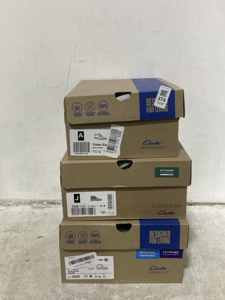 Lot 374  
            Chesterfield SR44 - Parcel Delivery Only 

                
3 X ASSORTED SHOES TO INCLUDE CLARKS TILDEN IN BLACK SIZE 7.5 (LOCATION: F4)