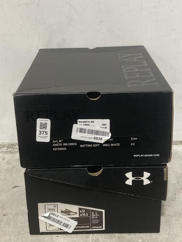 Lot 375  
            Chesterfield SR44 - Parcel Delivery Only 

                
UNDER ARMOUR IN BLACK SIZE 12 TO INCLUDE REPLAY SHOES IN WHITE SIZE 8 (LOCATION: F4)