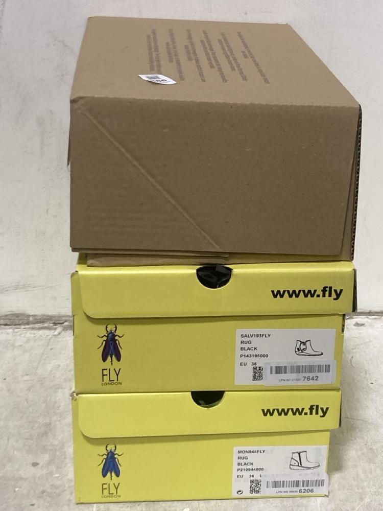 Lot 386  
            Chesterfield SR44 - Parcel Delivery Only 

                
3 X ASSORTED SHOES TO INCLUDE FLY LONDON BOOTS IN BLACK SIZE 3 (LOCATION: F4)