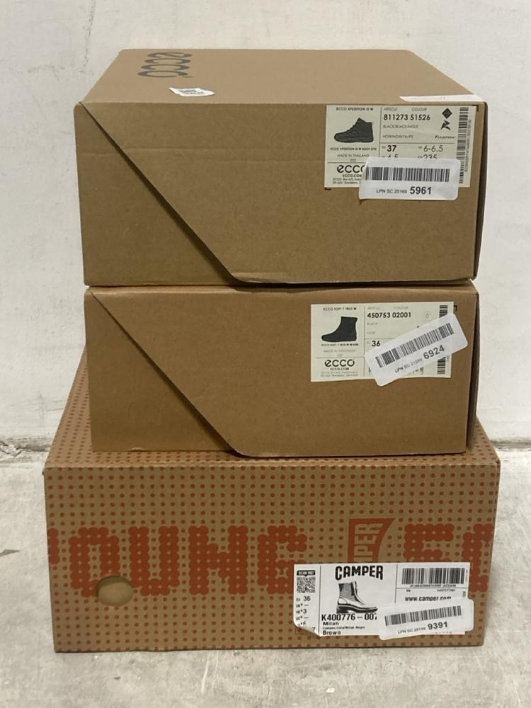 Lot 388  
            Chesterfield SR44 - Parcel Delivery Only 

                
3 X ASSORTED SHOES TO INCLUDE ECCO HIKING BOOTS IN BLACK SIZE 4.5 (LOCATION: F4)