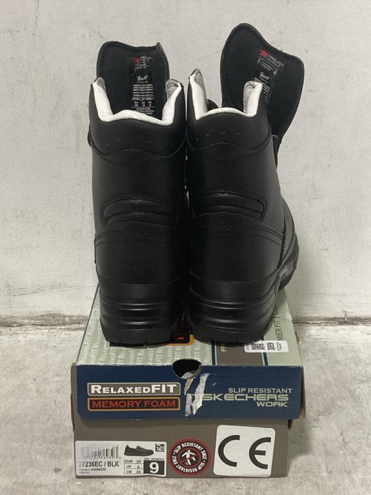 Lot 389  
            Chesterfield SR44 - Parcel Delivery Only 

                
BRANDIT BOOTS IN BLACK SIZE 9 TO INCLUDE SKECHERS WORK IN BLACK SIZE 6 (LOCATION:...