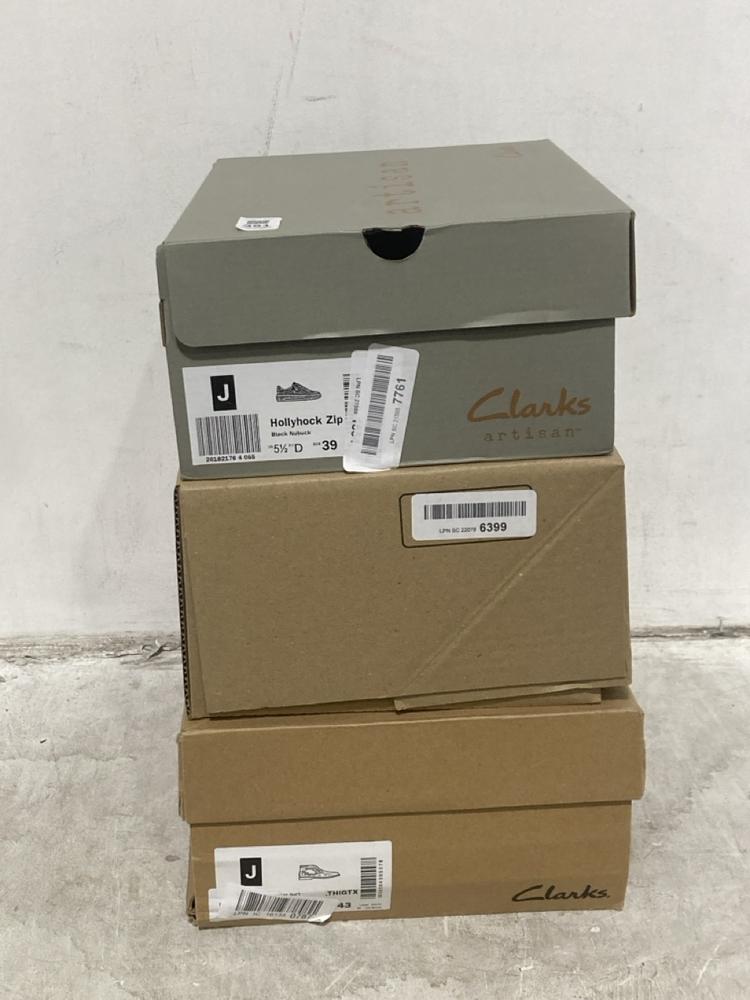 Lot 391  
            Chesterfield SR44 - Parcel Delivery Only 

                
3 X ASSORTED SHOES TO INCLUDE CLARKS HOLLYHOCK ZIP IN BLACK SIZE 5.5 (LOCATION: F4)