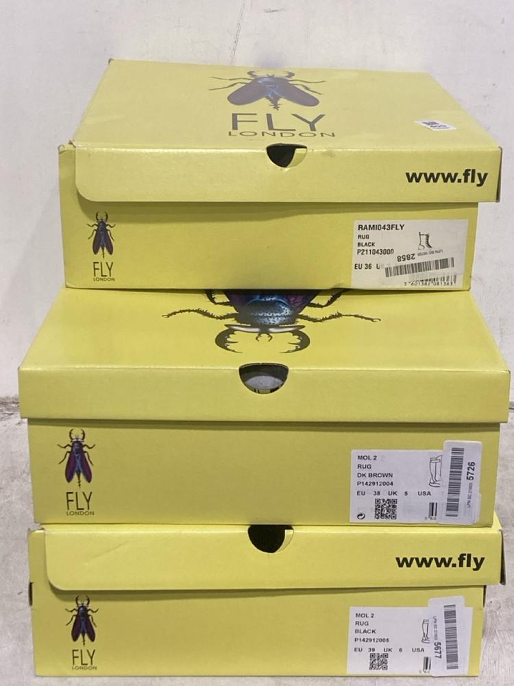 Lot 400  
            Chesterfield SR44 - Parcel Delivery Only 

                
3 X ASSORTED FLY LONDON SHOES TO INCLUDE FLY LONDON BOOTS IN BLACK SIZE 3 (LOCATI...