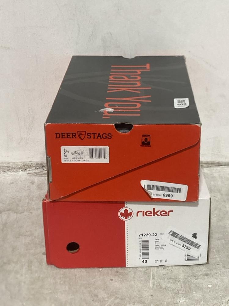 Lot 403  
            Chesterfield SR44 - Parcel Delivery Only 

                
DEER STAGS SHOES IN BROWN SIZE 8.5 TO INCLUDE RIEKER BOOTS IN BROWN SIZE 6.5 (LOC...