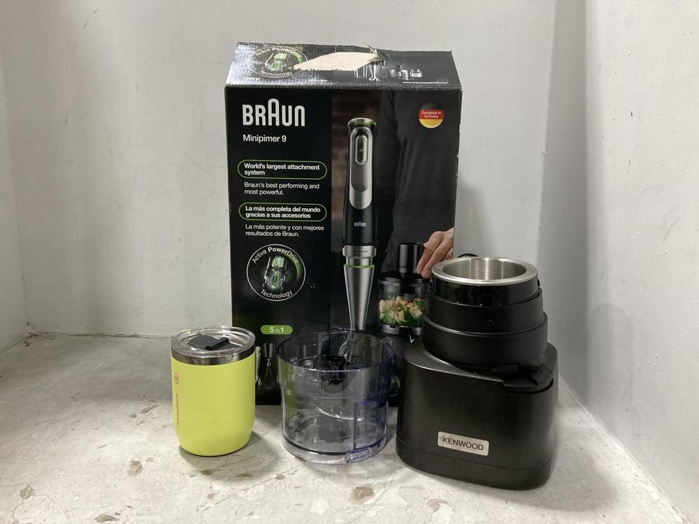 Lot 415  
            Chesterfield SR44 - Parcel Delivery Only 

                
BRAUN MINIPIMER 5 IN 1 FOOD BLENDER TO INCLUDE KENWOOD FOOD PROCESSOR (LOCATION: F5)