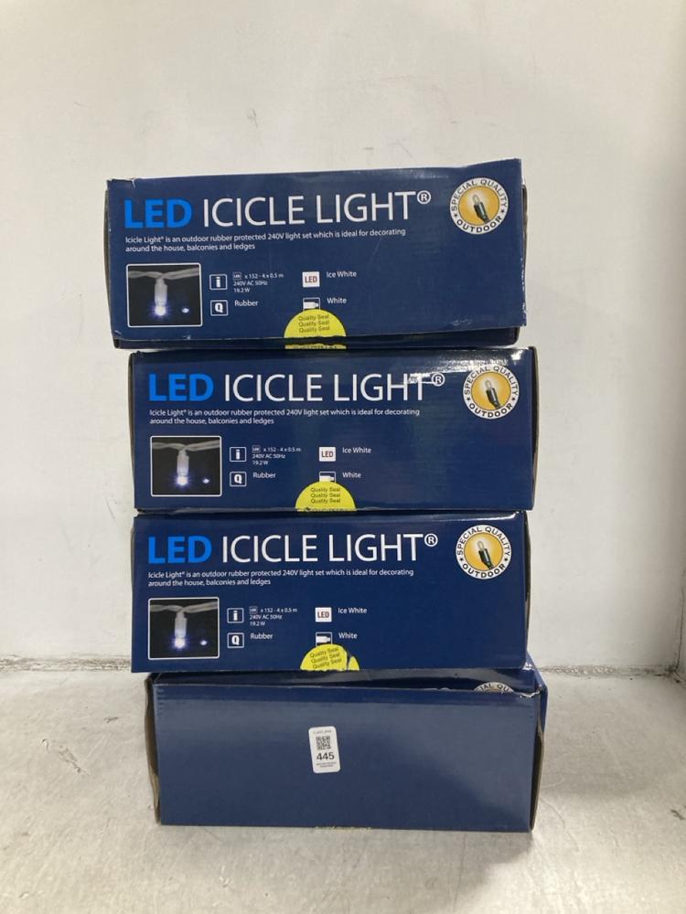 Lot 445  
            Chesterfield SR44 - Parcel Delivery Only 

                
4 X LED ICICLE OUTDOOR LIGHTS (LOCATION: F6)