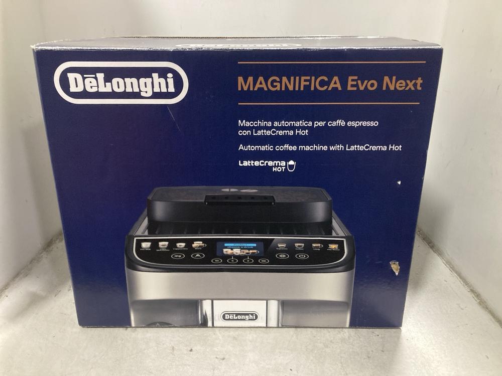 Lot 479  
            Chesterfield SR44 - Parcel Delivery Only 

                
DELONGHI MAGNIFICA EVO NEXT AUTOMATIC COFFEE MACHINE WITH LATTE CREMA HOT (LOCATI...