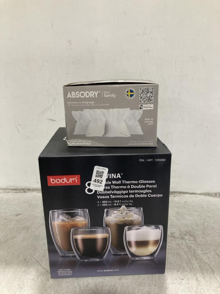 Lot 492  
            Chesterfield SR44 - Parcel Delivery Only 

                
ABSODRY REFILL BAGS QUAD PACK TO INCLUDE BODUM DOUBLE WALL THERMO GLASSES (LOCATI...