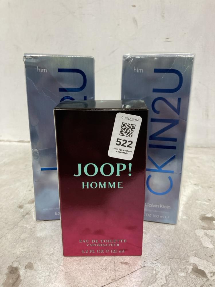 Lot 522  
            Chesterfield SR44 - Parcel Delivery Only 

                
3 X ASSORTED PERFUMES TO INCLUDE CALVIN KLEIN CK IN 2U EAU DE TOILETTE 150ML (LOC...