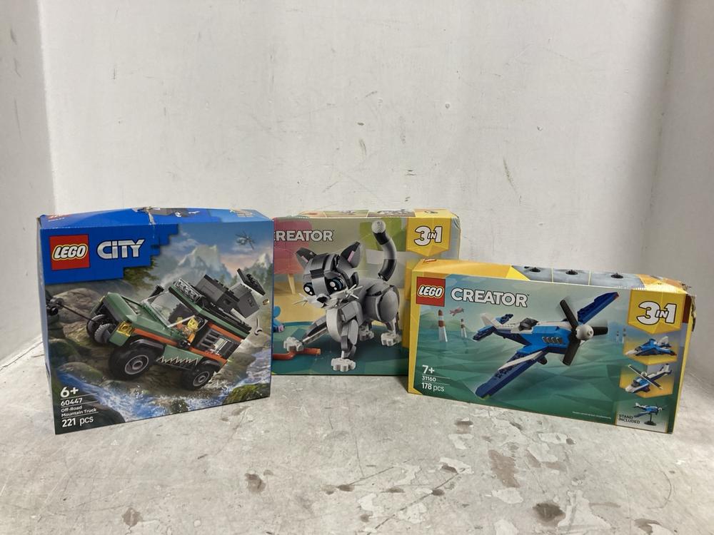 Lot 523  
            Chesterfield SR44 - Parcel Delivery Only 

                
3 X ASSORTED LEGO SETS TO INCLUDE LEGO CITY OFF ROAD MOUNTAIN TRUCK (LOCATION: E1)