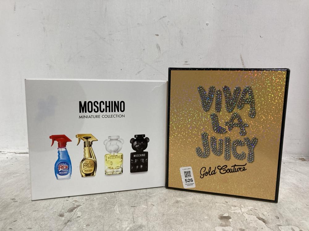 Lot 526  
            Chesterfield SR44 - Parcel Delivery Only 

                
VIVA LA JUICY GOLD COUTURE 100ML TO INCLUDE MOSCHINO MINIATURE COLLECTION (LOCATI...
