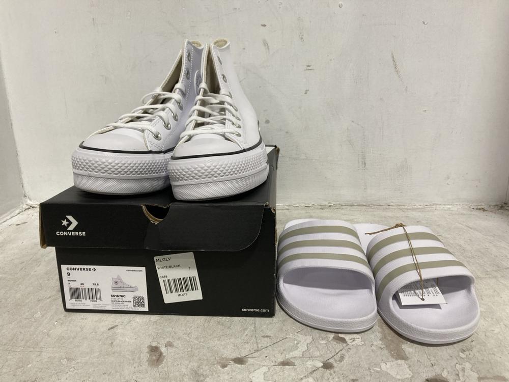 Lot 532  
            Chesterfield SR44 - Parcel Delivery Only 

                
ADIDAS SLIDES IN WHITE SIZE 4 UK TO INCLUDE CONVERSE HIGH TOP TRAINERS IN WHITE S...
