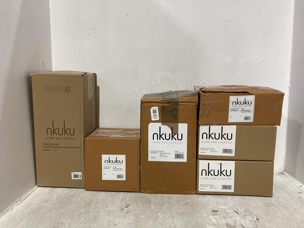 Lot 53  
            Chesterfield SR44 - Parcel Delivery Only 

                
6 X ASSORTED FURNITURE ITEMS TO INCLUDE NKUKU NGOLO TEALIGHT HOLDER - AGED SMOKE ...