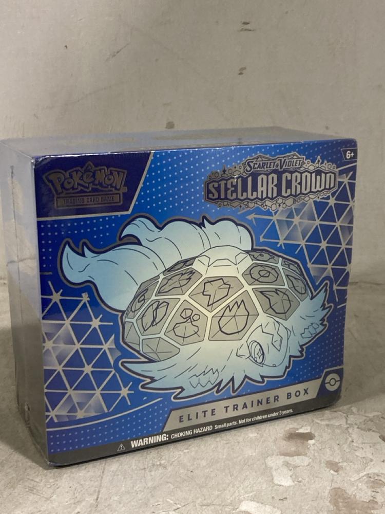 Lot 566  
            Chesterfield SR44 - Parcel Delivery Only 

                
POKEMON SCARLET AND VIOLET STELLAR CROWN ELITE TRAINER BOX (LOCATION: E2)
