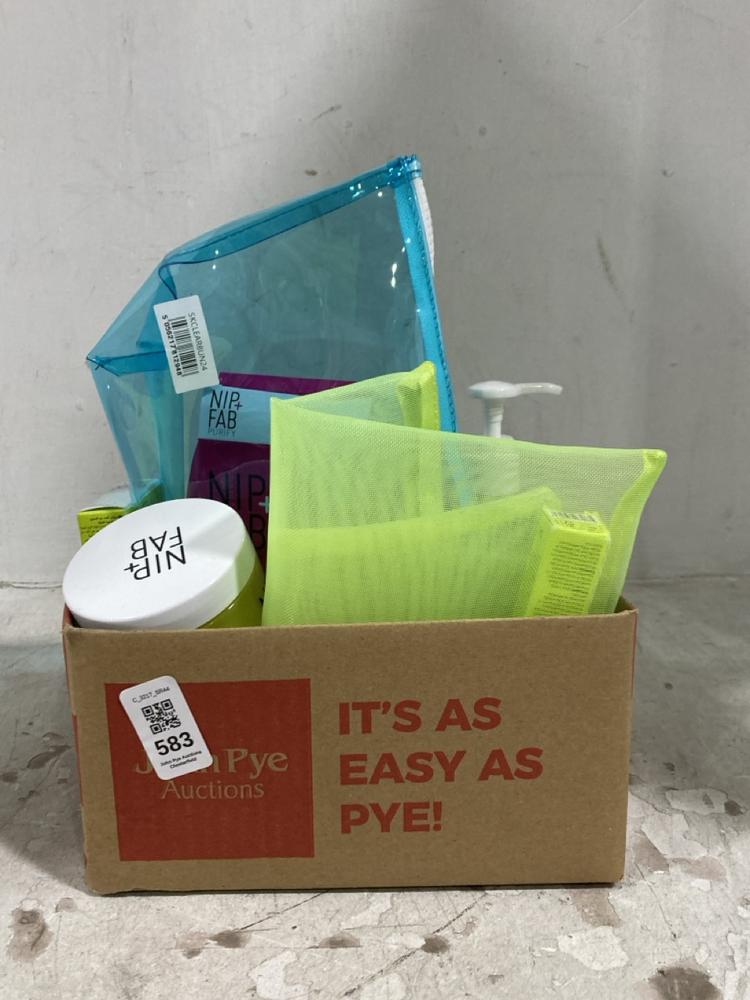 Lot 583  
            Chesterfield SR44 - Parcel Delivery Only 

                
BOX OF ASSORTED NIP+FAB BEAUTY ITEMS TO INCLUDE NIP AND FAB TEEN SKIN FIX BLEMISH...