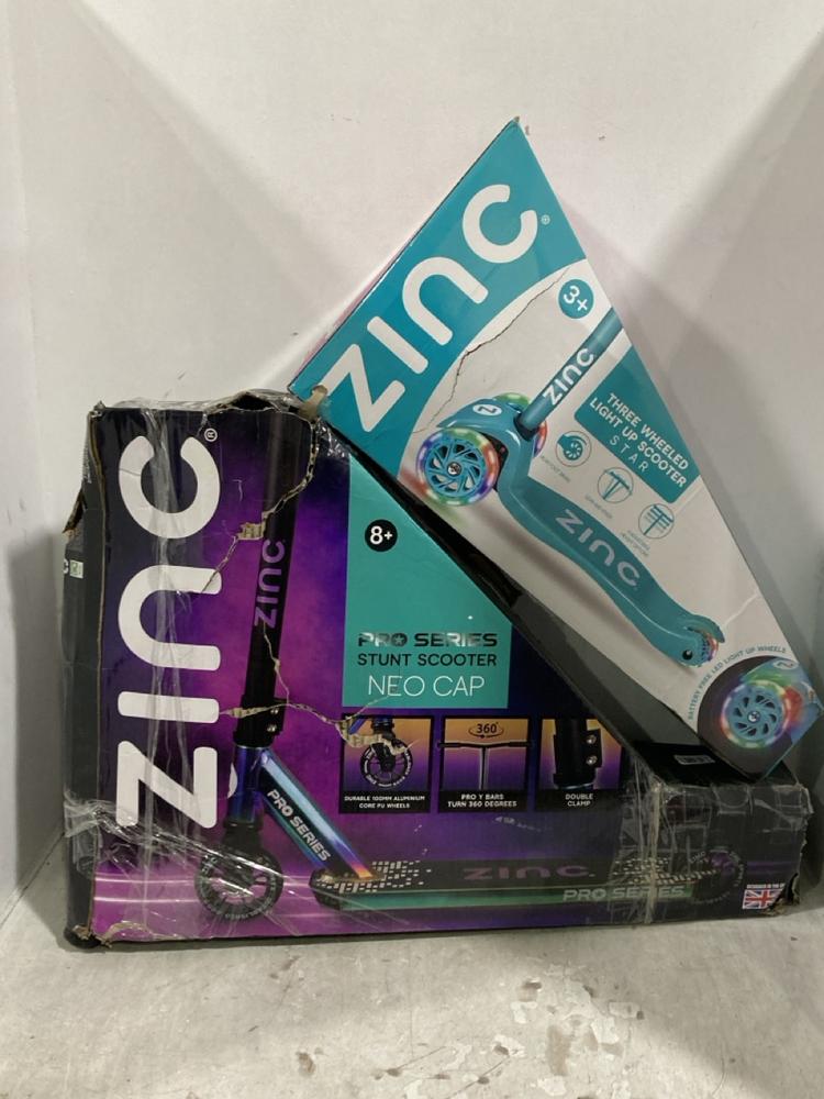 Lot 591  
            Chesterfield SR44 - Parcel Delivery Only 

                
ZINC PRO SERIES STUNT SCOOTER TO INCLUDE ZINC THREE WHEELED LIGHT UP SCOOTER (LOC...