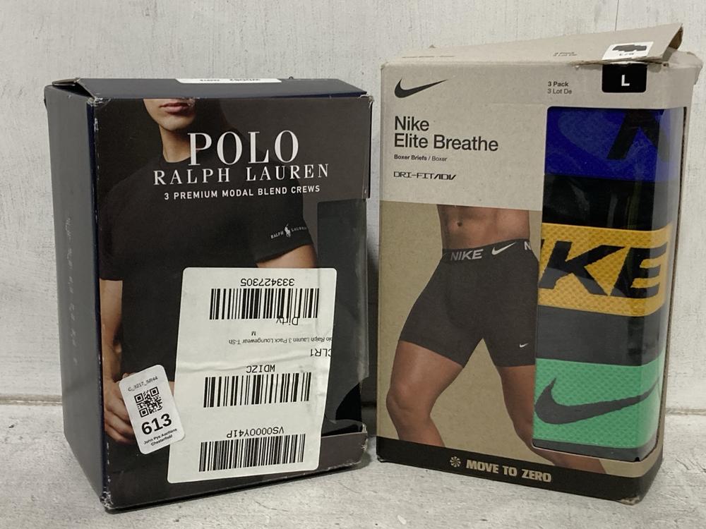 Lot 613  
            Chesterfield SR44 - Parcel Delivery Only 

                
RALPH LAUREN POLO 3 PREMIUM MODAL BLEND CREWS SIZE M TO INCLUDE NIKE ELITE BREATH...