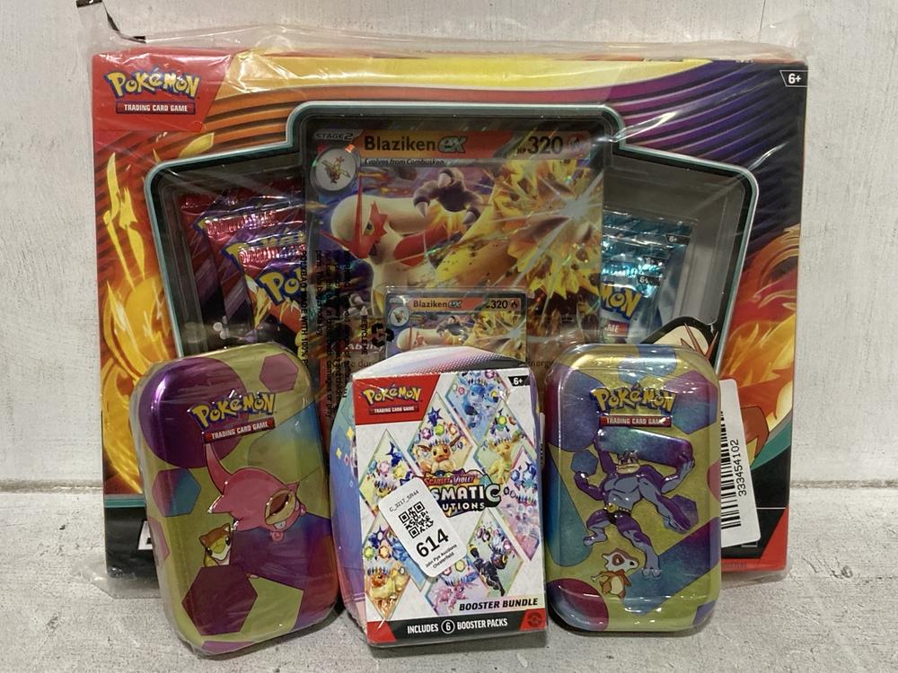 Lot 614  
            Chesterfield SR44 - Parcel Delivery Only 

                
4 X ASSORTED POKEMON ITEMS TO INCLUDE POKEMON BLAZIKEN EX SPECIAL COLLECTION (LOC...