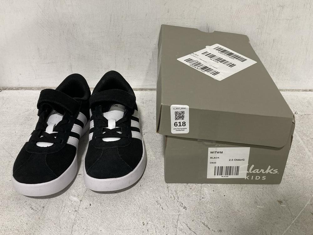 Lot 618  
            Chesterfield SR44 - Parcel Delivery Only 

                
ADIDAS TRAINERS IN BLACK/WHITE SIZE 12K TO INCLUDE CLARKS KIDS BLACK FLAT SHOES S...