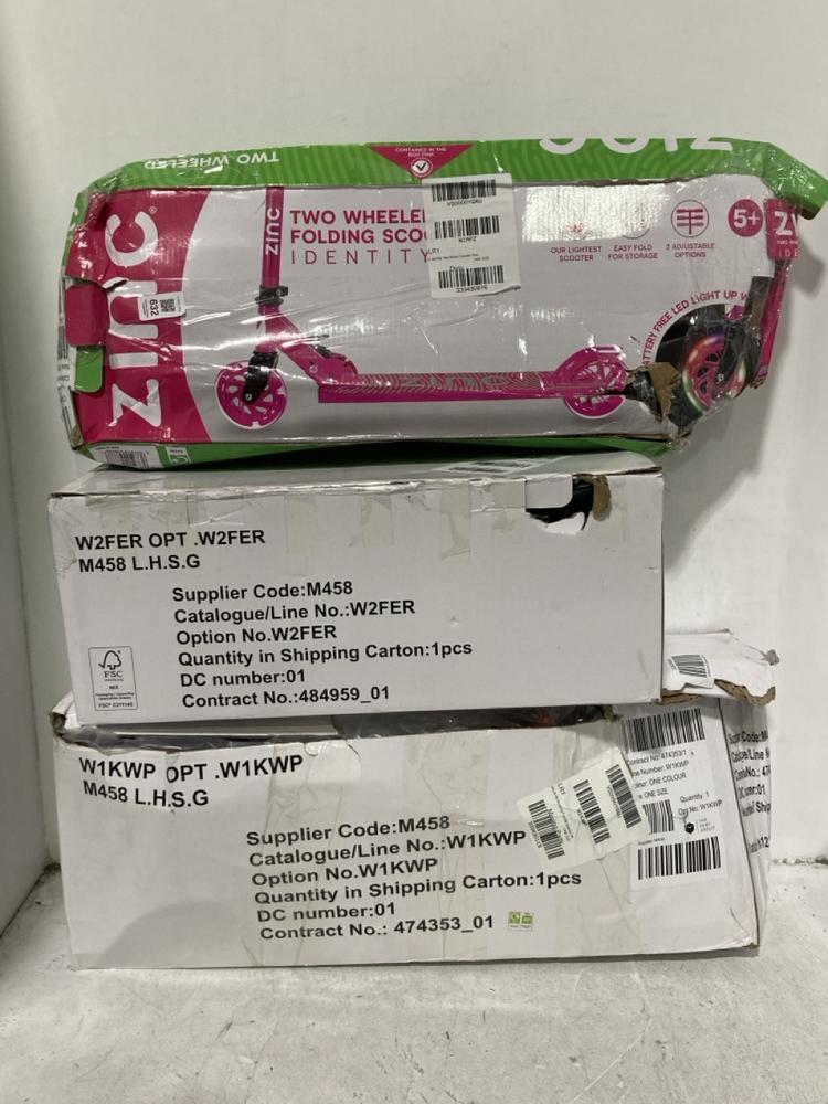 Lot 632  
            Chesterfield SR44 - Parcel Delivery Only 

                
3 X ASSORTED KIDS SCOOTERS TO INCLUDE ZINC TWO WHEELED SCOOTER IN PINK (LOCATION:...