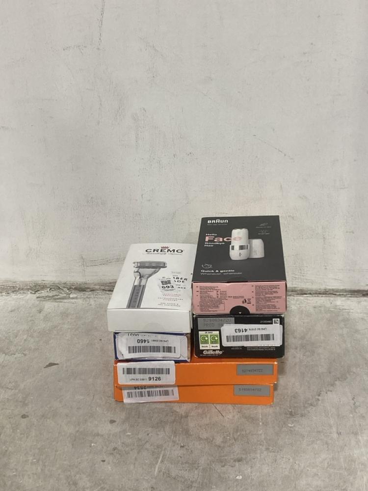 Lot 693  
            Chesterfield SR44 - Parcel Delivery Only 

                
6 X ASSORTED BEAUTY ITEMS TO INCLUDE BRAUN HELLO FACE GOODBYE HAIR SHAVER (LOCATI...