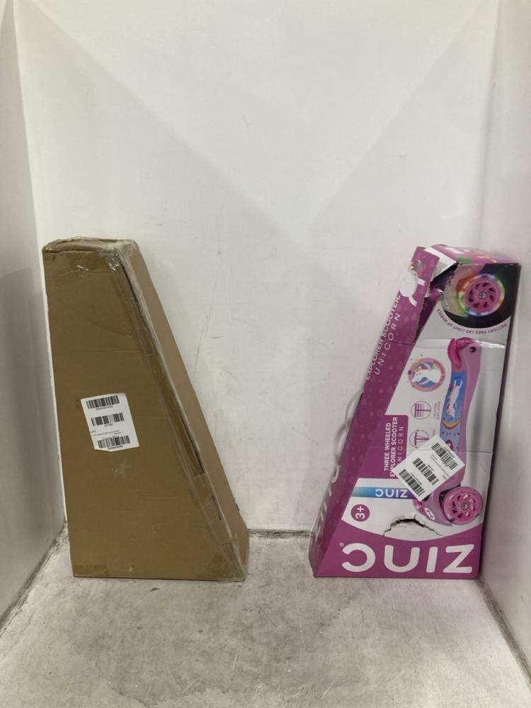 Lot 712  
            Chesterfield SR44 - Parcel Delivery Only 

                
ZINC THREE WHEELED UNICORN EXPLORER SCOOTER TO INCLUDE ZINC 3 WHEELED LIGHT UP SC...