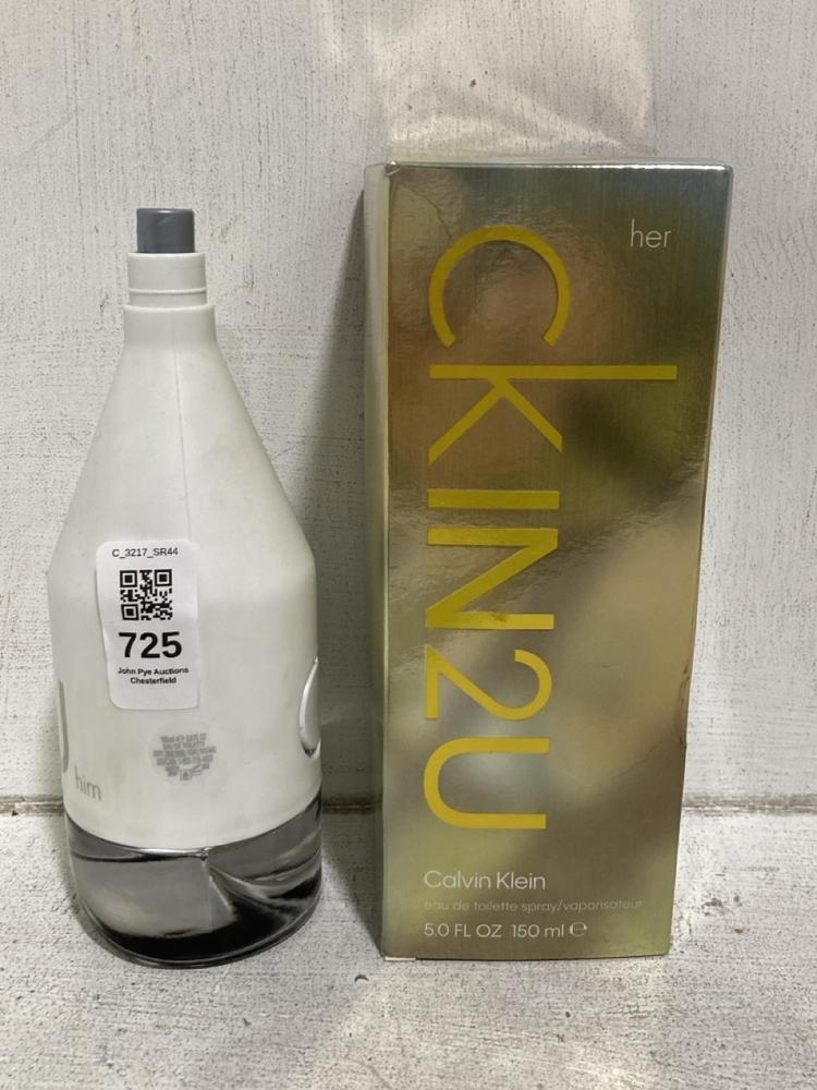 Lot 725  
            Chesterfield SR44 - Parcel Delivery Only 

                
CALVIN KLEIN CK IN 2U FOR HER 150ML TO INCLUDE CALVIN KLEIN CK IN 2U FOR HIM 150M...