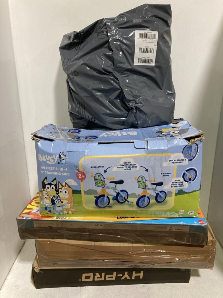 Lot 729  
            Chesterfield SR44 - Parcel Delivery Only 

                
6 X ASSORTED KIDS TOYS TO INCLUDE BLUEY MY FIRST 2 IN 1 TRAINING BIKE (LOCATION: E6)
