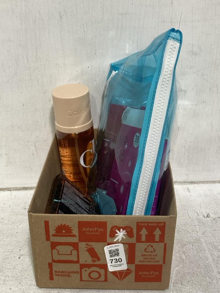 Lot 730  
            Chesterfield SR44 - Parcel Delivery Only 

                
BOX OF ASSORTED BEAUTY ITEMS TO INCLUDE CALVIN KLEIN SHEER PEACH HAIR AND BODY MI...