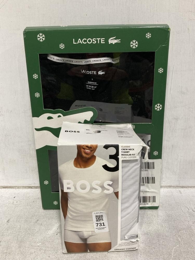 Lot 731  
            Chesterfield SR44 - Parcel Delivery Only 

                
BOSS 3 PACK PLAIN T-SHIRT SIZE XL TO INCLUDE LACOSTE LONG SLEEVE PJ SET IN BLACK ...