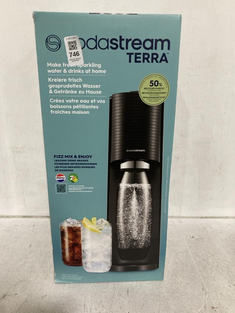 Lot 746  
            Chesterfield SR44 - Parcel Delivery Only 

                
SODASTREAM TERRA SODA DRINKS MACHINE (LOCATION: E6)