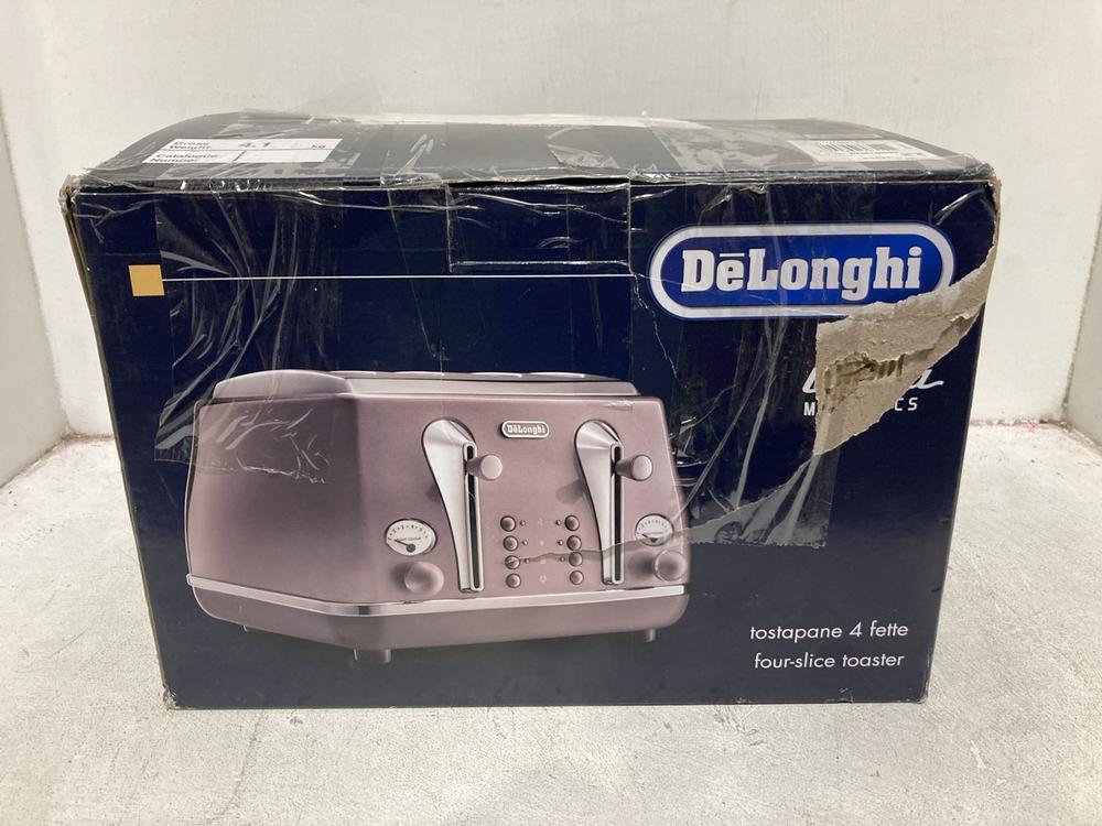 Lot 752  
            Chesterfield SR44 - Parcel Delivery Only 

                
DELONGHI ICONA METALLICS 4 SLICE TOASTER (LOCATION: E6)