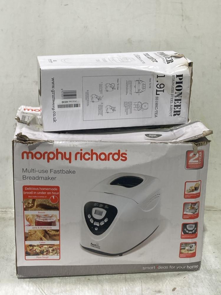 Lot 818  
            Chesterfield SR44 - Parcel Delivery Only 

                
MORPHY RICHARDS FASTBAKE BREAD MAKER TO INCLUDE PIONEER TEA POT 1.9L (LOCATION: D1)