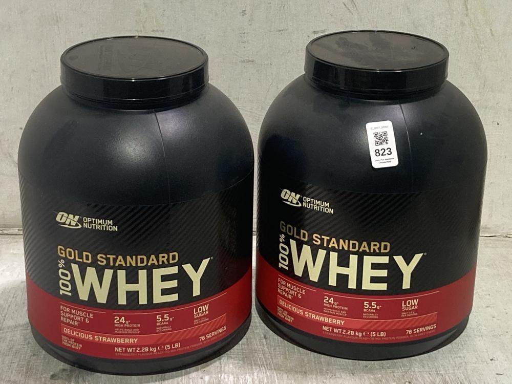 Lot 823  
            Chesterfield SR44 - Parcel Delivery Only 

                
2 X OPTIMUM NUTRITION WHEY 2.28KG DELICIOUS STRAWBERRY MAY BE PAST BBE (LOCATION:...