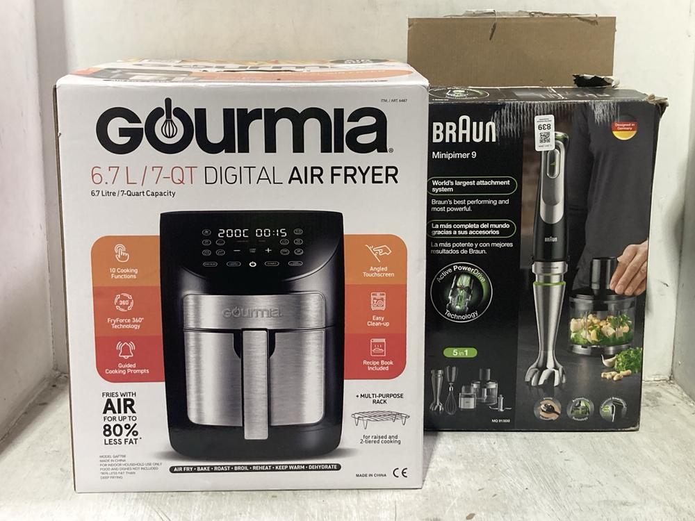 Lot 839  
            Chesterfield SR44 - Parcel Delivery Only 

                
BRAUN MINI HAND BLENDER TO INCLUDED GOURMIA AIR FRYER 6.7L (LOCATION: D1)
