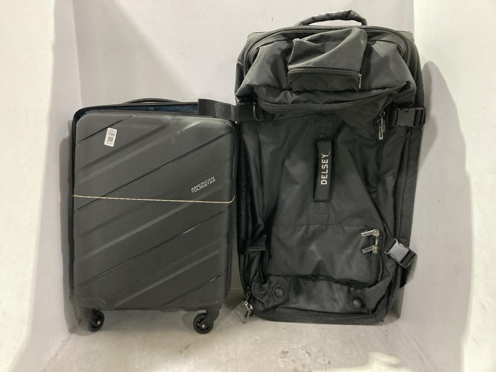 Lot 862  
            Chesterfield SR44 - Parcel Delivery Only 

                
AMERICAN TOURISTER SUITCASE HARD SHELL IN BLACK TO INCLUDE DELSEY FABRIC SUITCASE...