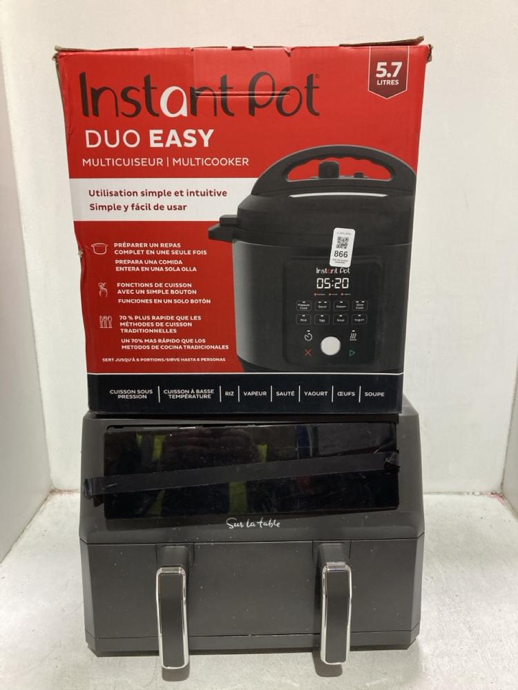 Lot 866  
            Chesterfield SR44 - Parcel Delivery Only 

                
INSTANT POT AIR FRYER 5.7L TO INCLUDE SUR TABLE AIR FRYER 10.4L (LOCATION: D3)