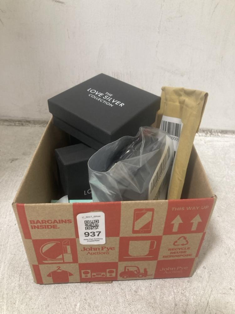 Lot 937  
            Chesterfield SR44 - Parcel Delivery Only 

                
BOX OF ASSORTED ITEMS TO INCLUDE THE LOVE SILVER COLLECTION EARRINGS (LOCATION: D5)