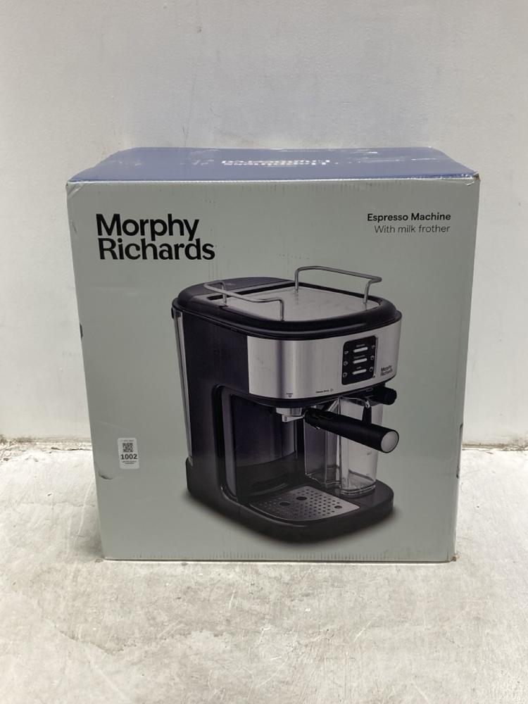 Lot 1002  
            Chesterfield SR47 - Parcel Delivery Only 

                
MORPHY RICHARDS ESPRESSO MACHINE WITH MILK FROTHER ORIGINAL RRP £199 (LOCATION: D5)